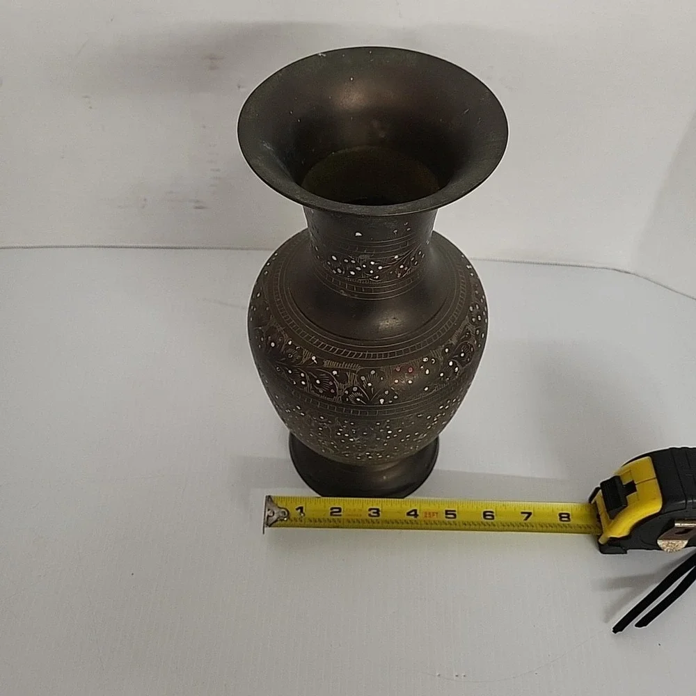 Vintage Brass Etched and Painted Vase Floral India Home Decor 12 Inch